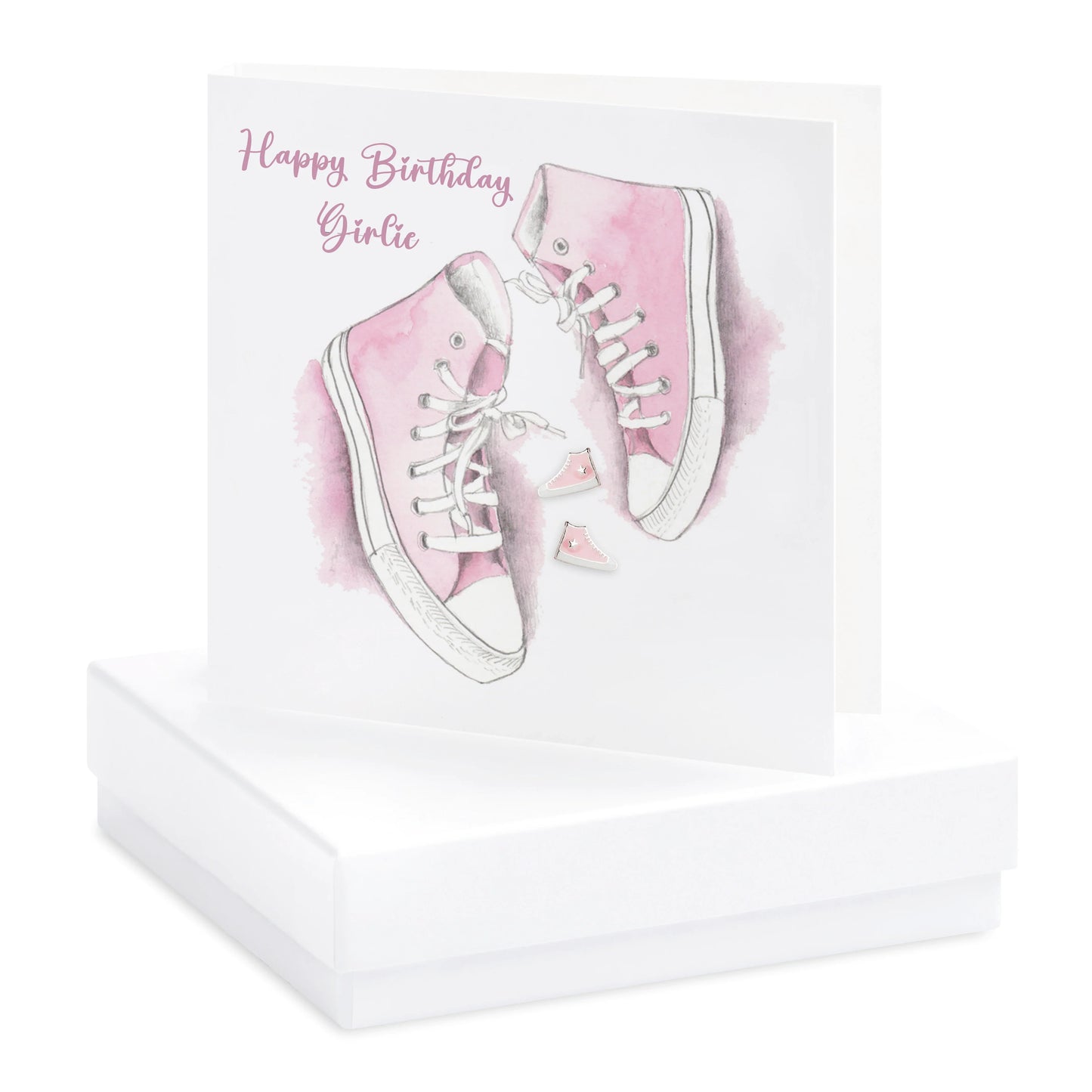 Happy Birthday card with pink sneakers illustration on white box, handcrafted gift
