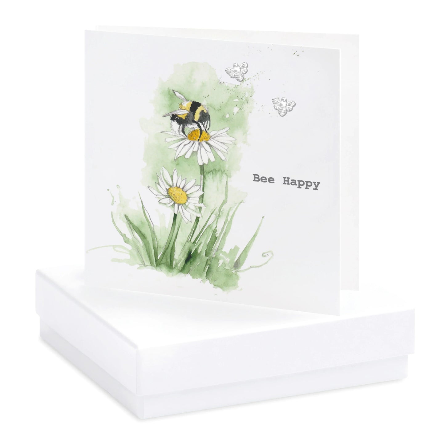 Handmade greeting card with bee and daisies, 'Bee Happy' message, white gift box