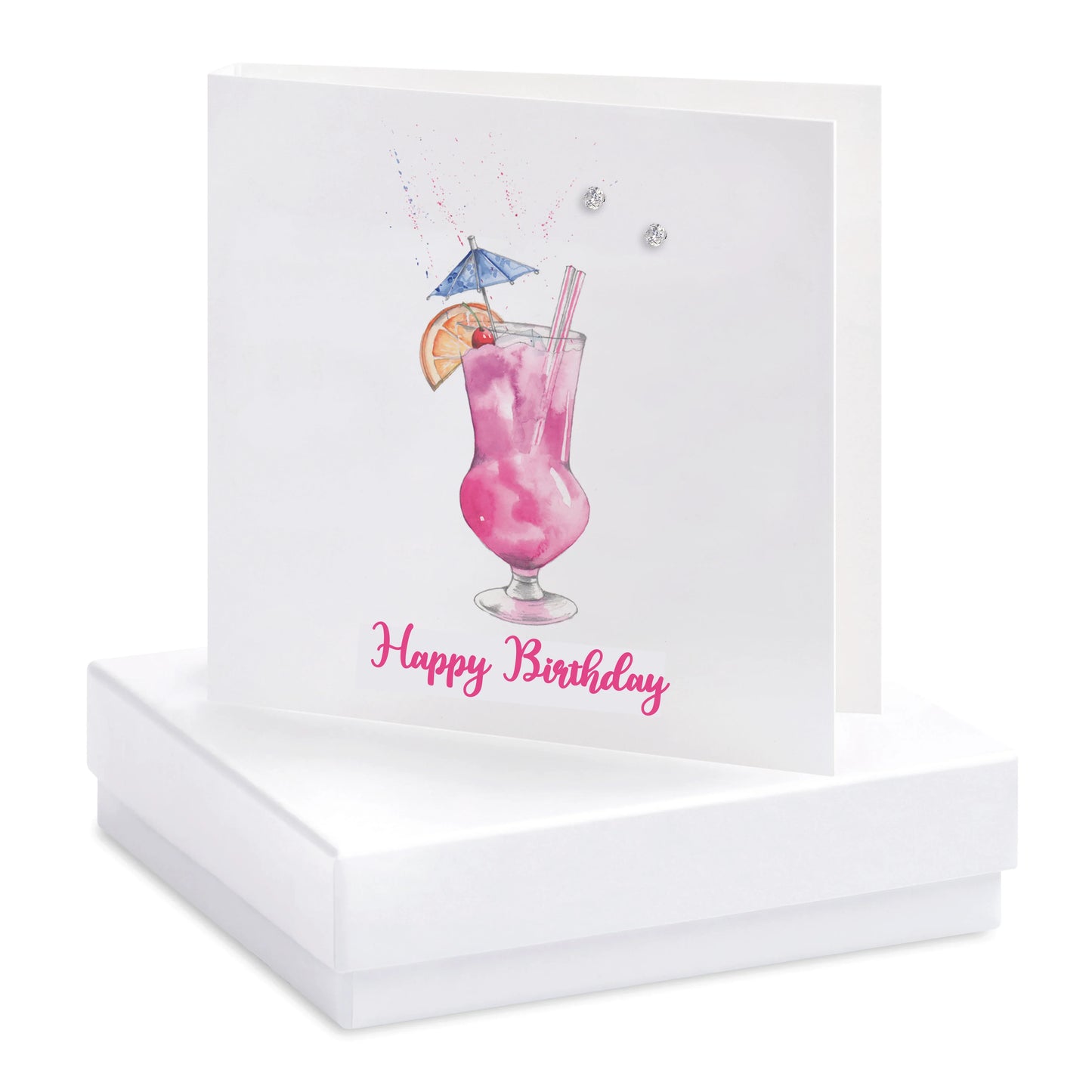 Happy Birthday card with pink cocktail illustration, umbrella, and two crystal studs, boxed