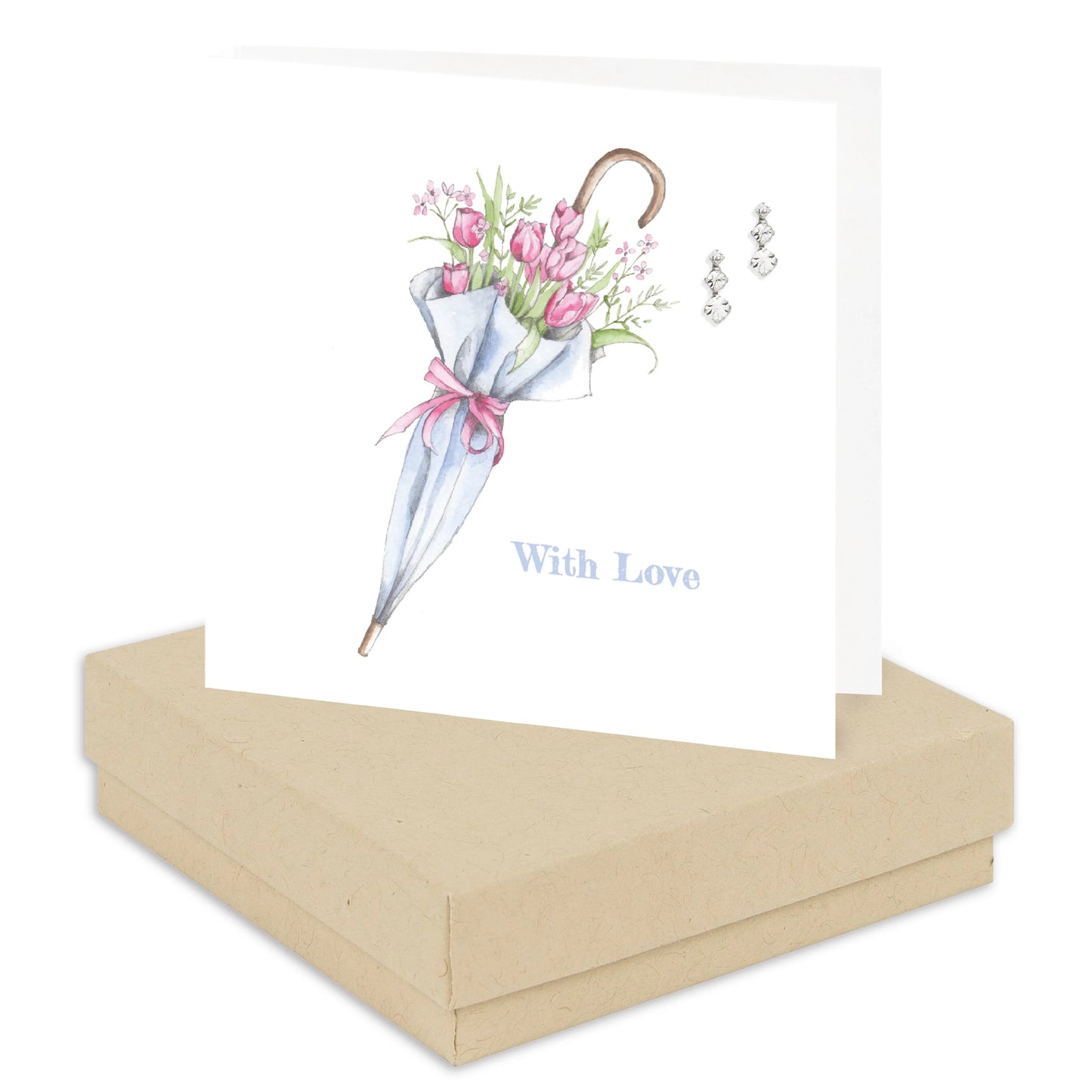 Greeting card with watercolor umbrella of tulips, 'With Love' text, earrings, gift box