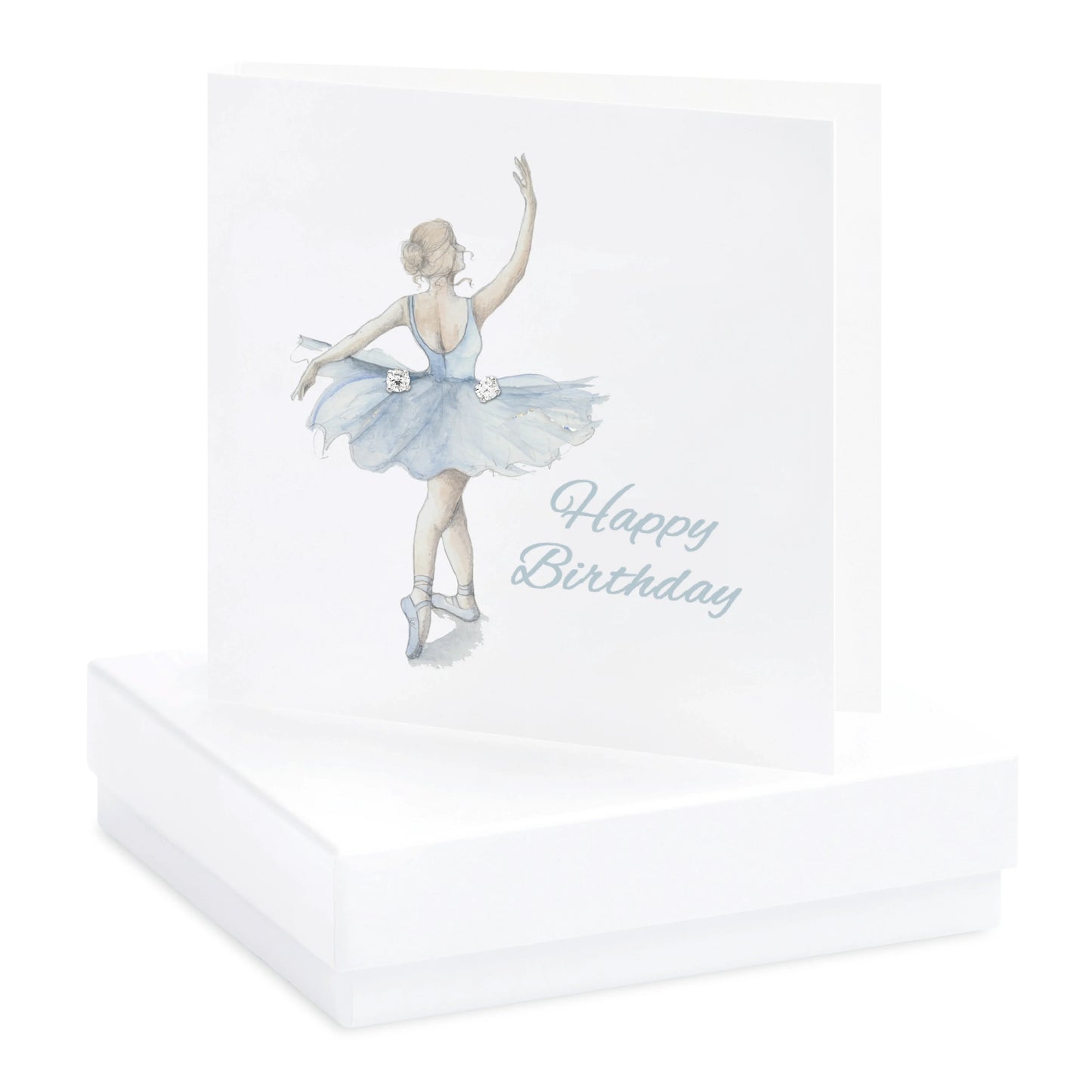 Happy Birthday card with ballerina in blue dress and matching stud earrings, gift boxed