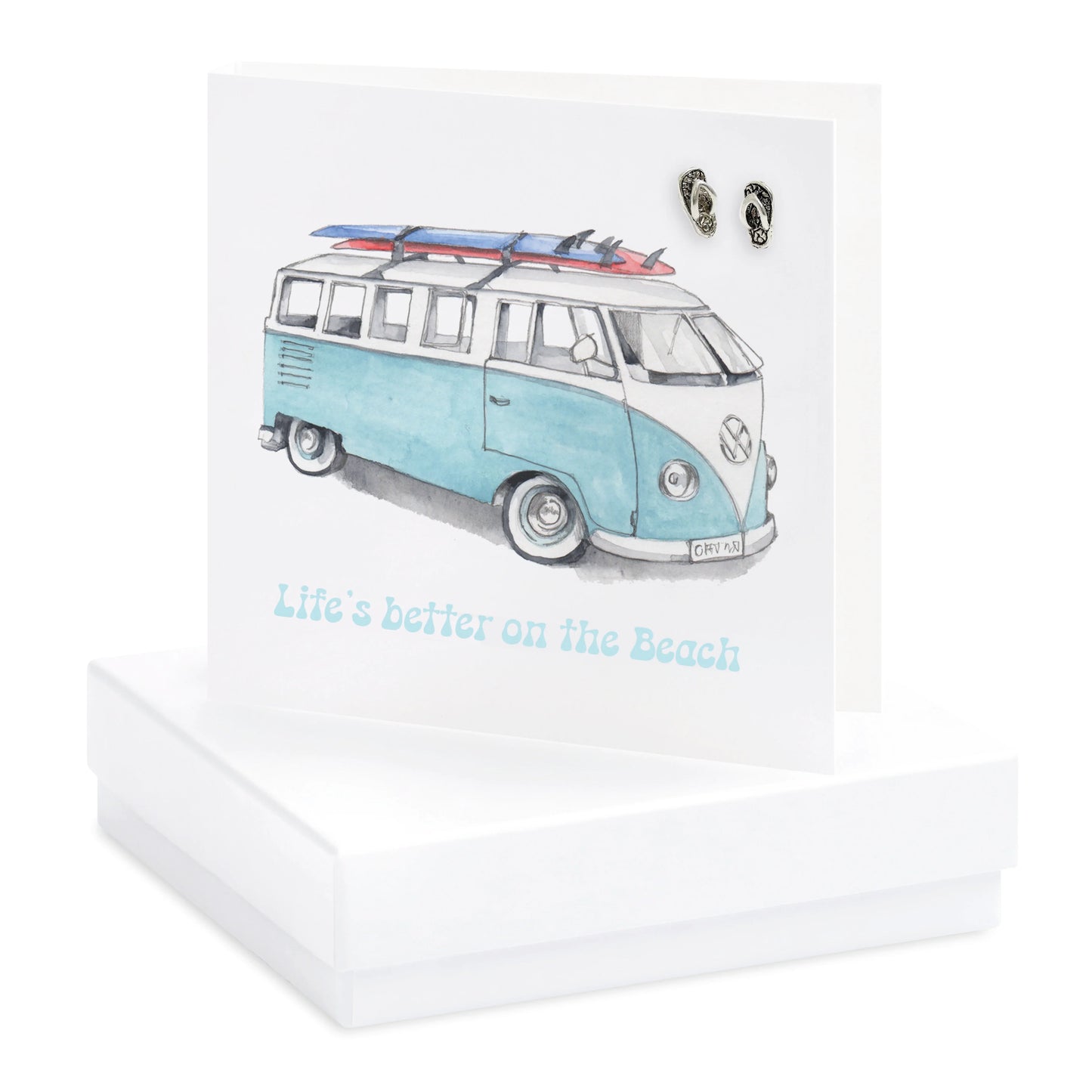 Beach-themed greeting card with blue camper van, surfboards, and flip-flop earrings.