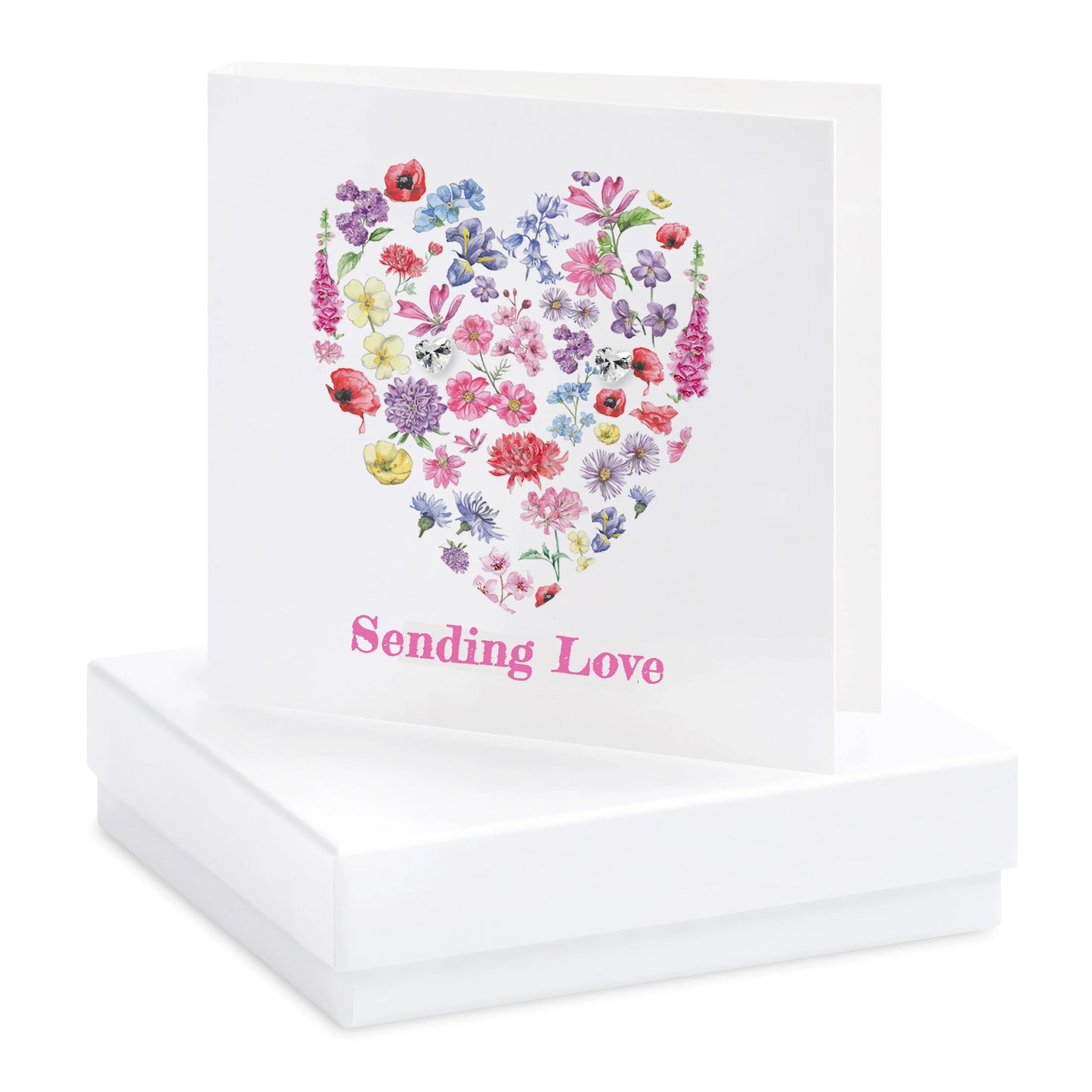 Greeting card with heart-shaped floral design and pink 'Sending Love' text on white box