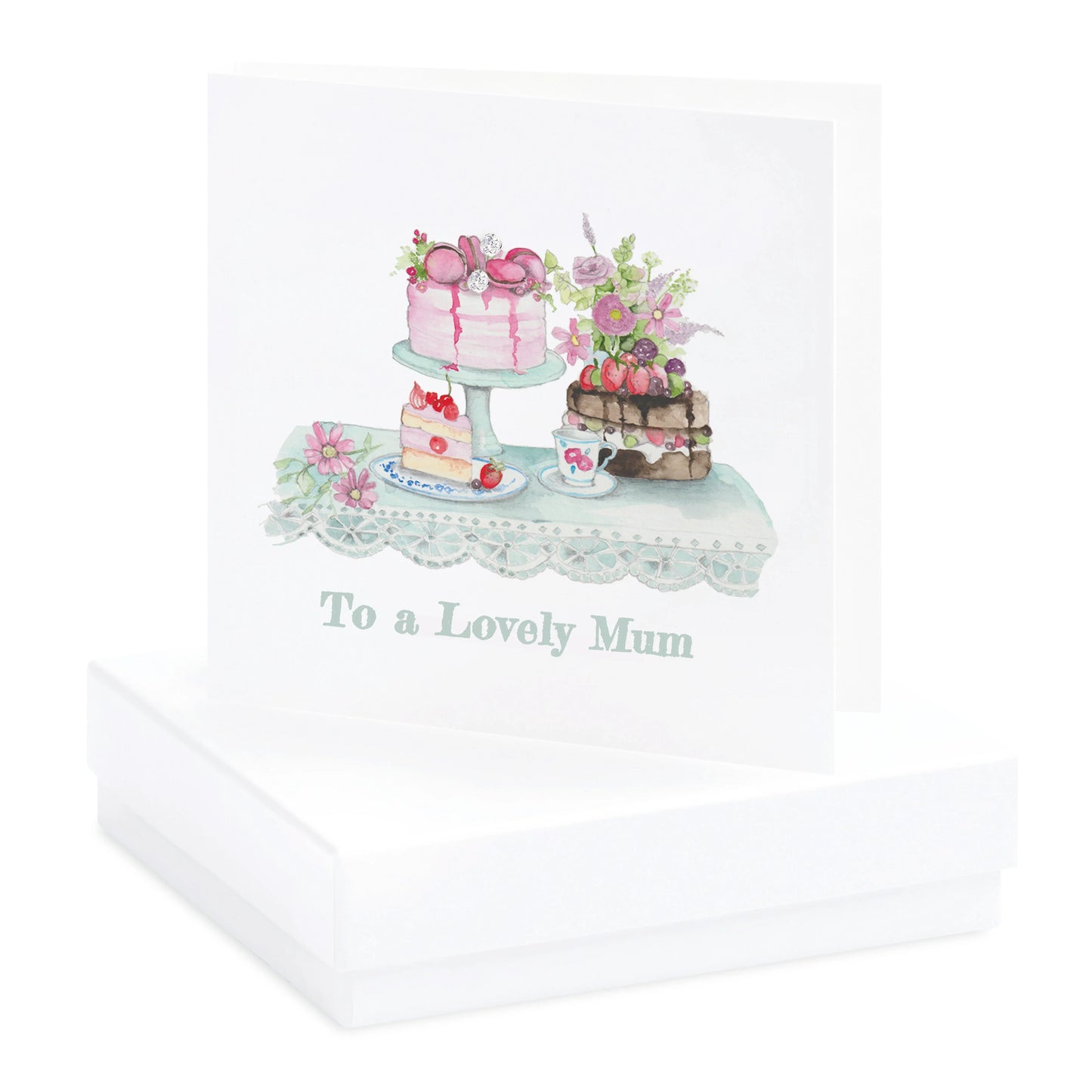 Mother's Day card with pastel cakes, flowers, and 'To a Lovely Mum' text on tablecloth