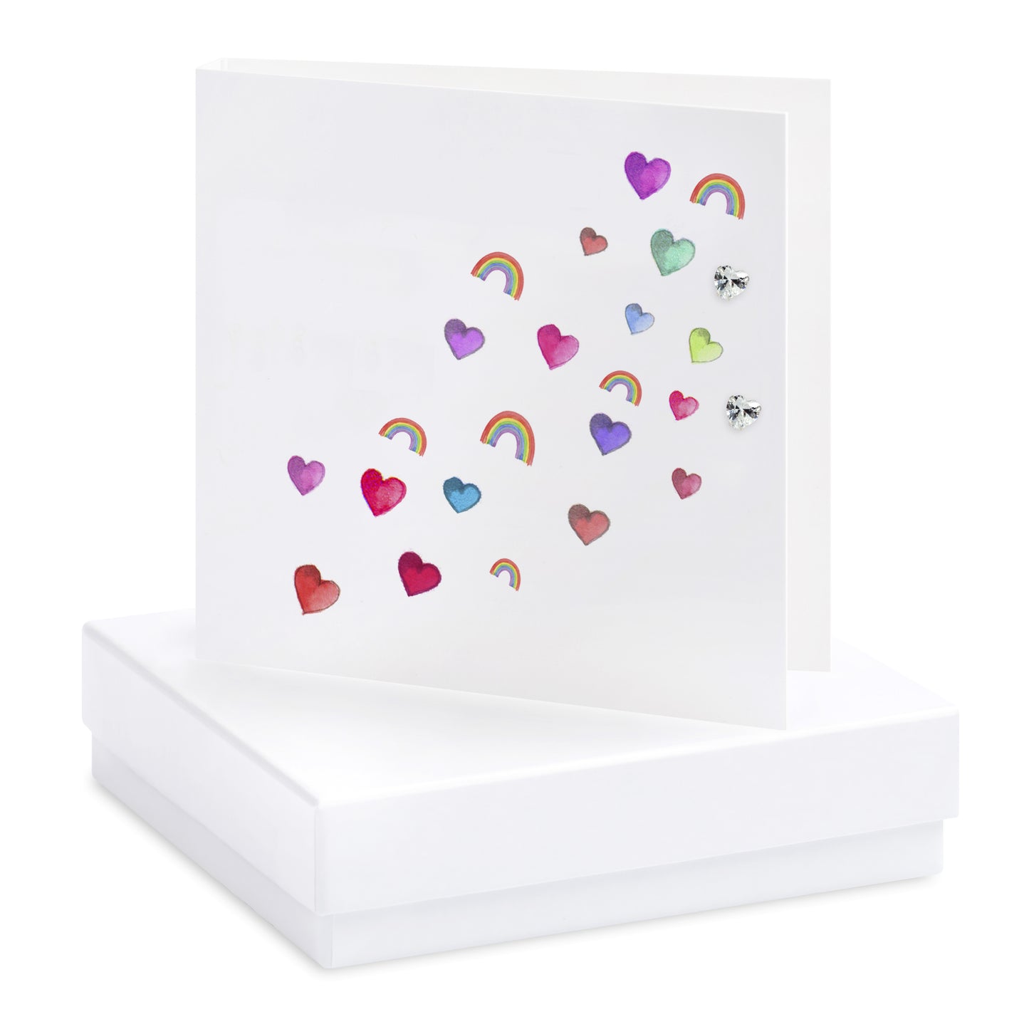 Tarjeta de arcoíris y corazones en caja