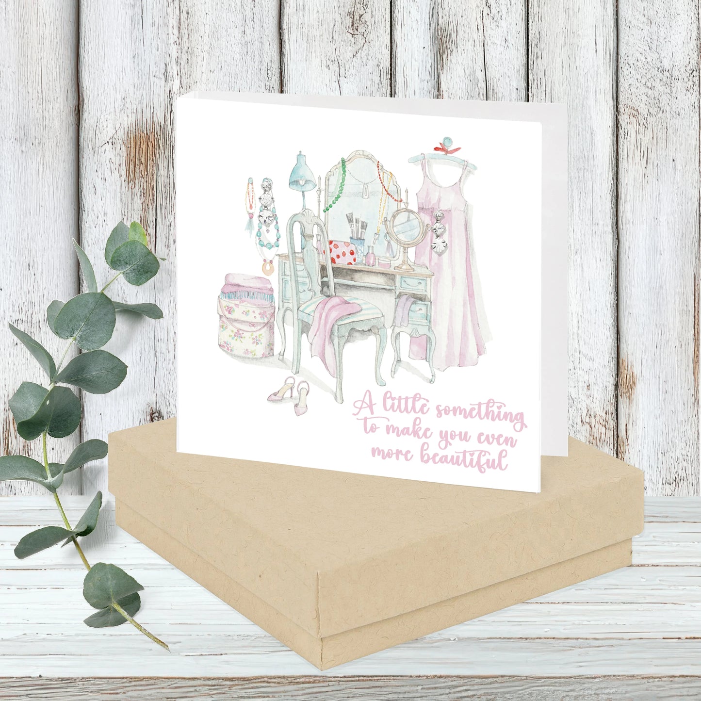 Handcrafted greeting card with vintage vanity, dress, and floral accessories on gift box