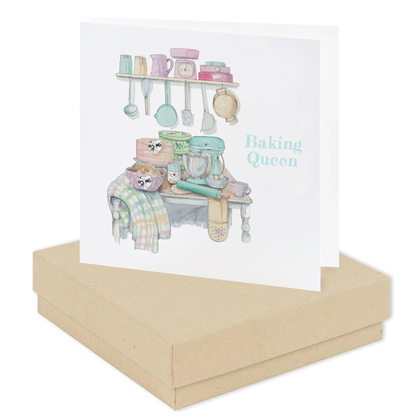 Handcrafted greeting card with 'Baking Queen' text and illustrated baking utensils, on gift box