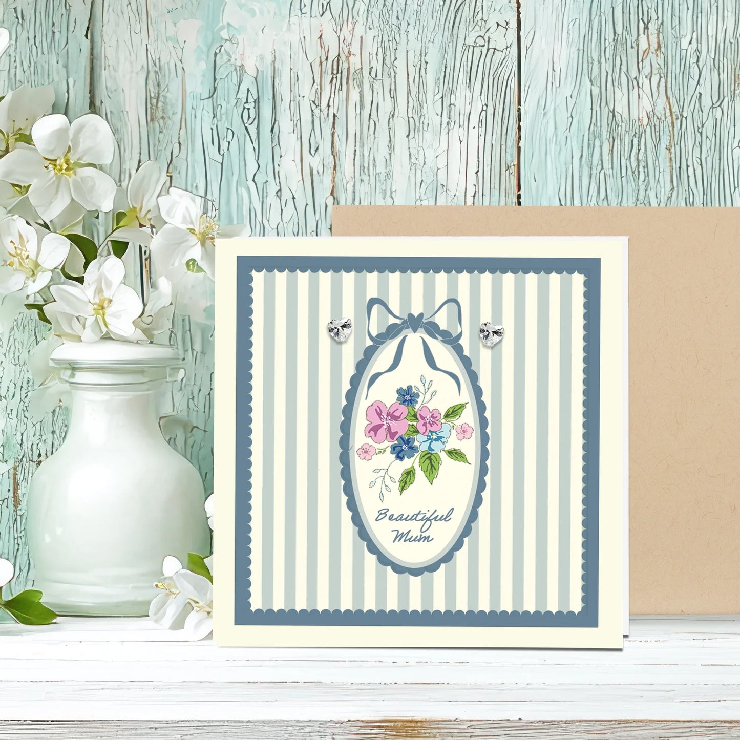 Beautiful Mum floral greeting card with striped border and earrings, set by white flowers