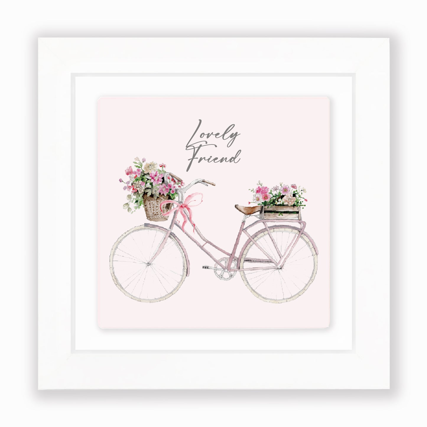 Framed card with watercolor bicycle and flowers, text Lovely Friend, pink background