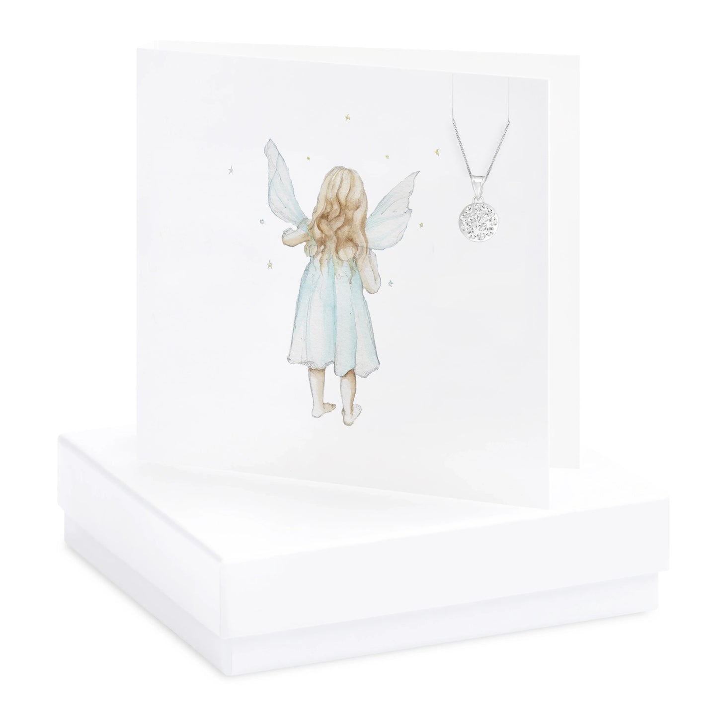 Handcrafted fairy card with silver pendant necklace on white gift box