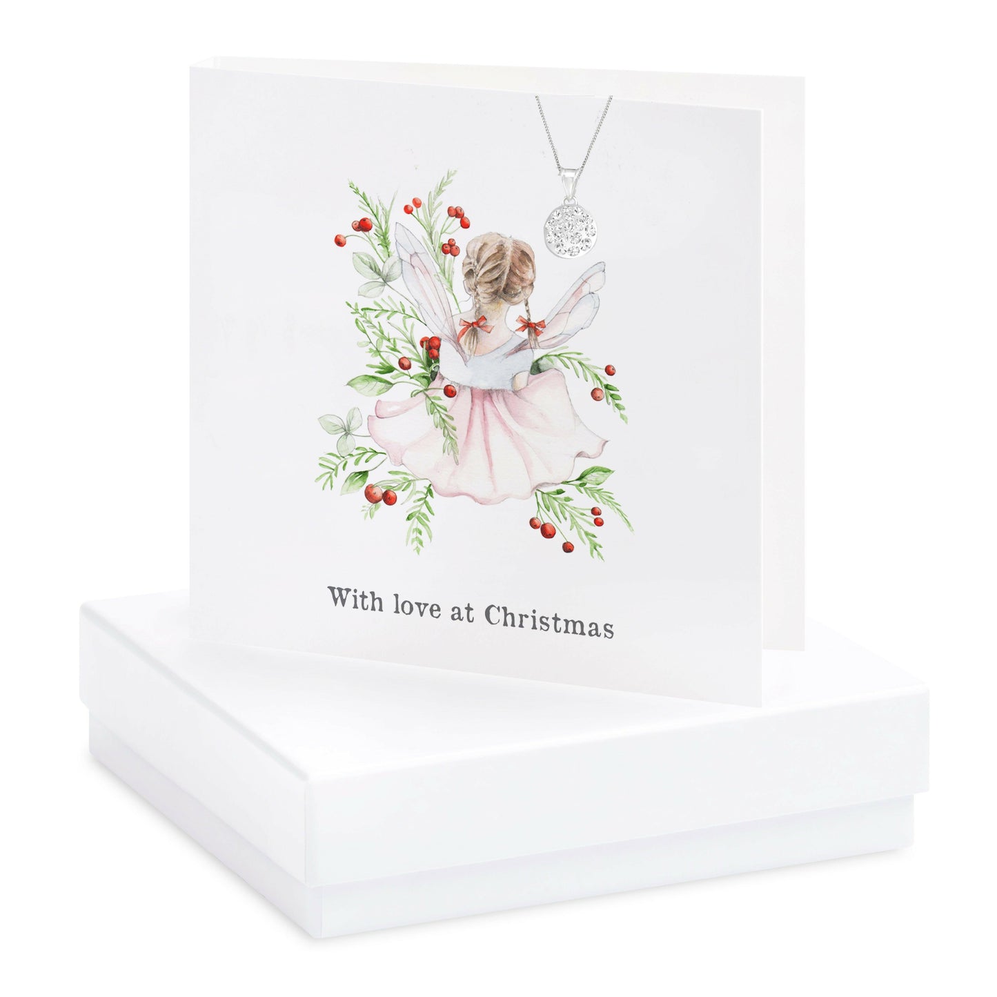 Sterling Silver Christmas Pendant Necklace Greeting Card Set - Festive Gift Package with Box Fairy Card - Crumble and Core