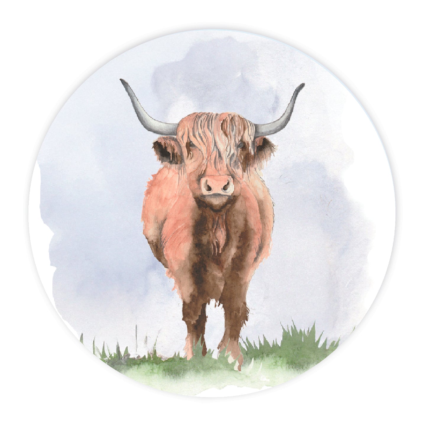 Watercolor illustration of a Highland cow with long horns on green grass