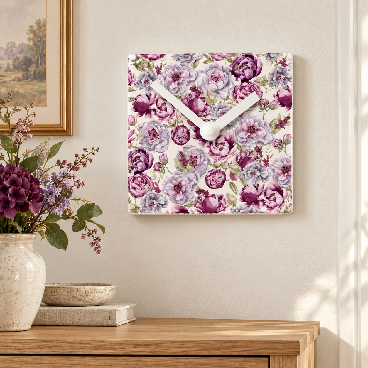 Ceramic Clock Peony Floral Design - Battery Operated Wall Clock