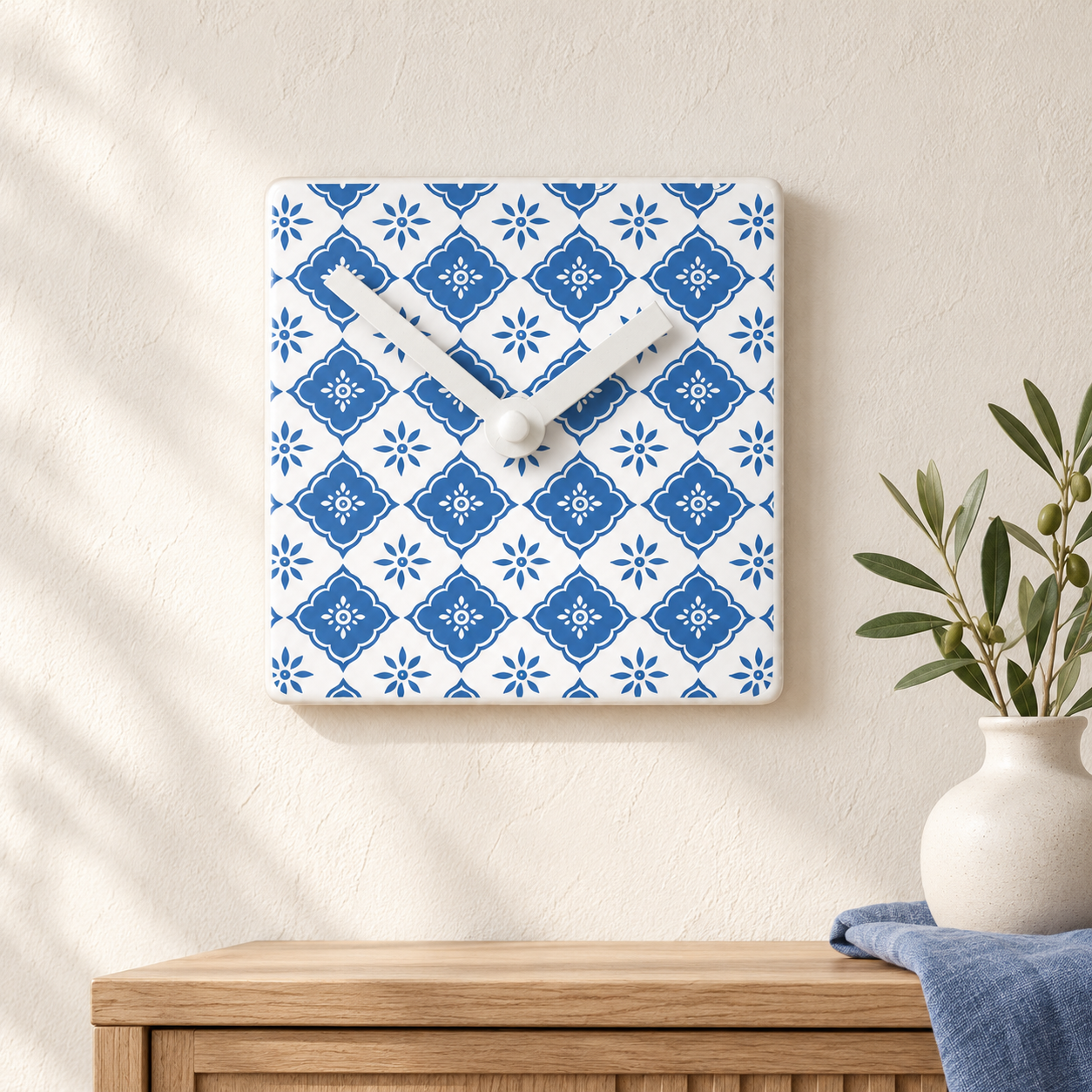 Blue Geometric Ceramic Clock - Battery Operated Wall Clock
