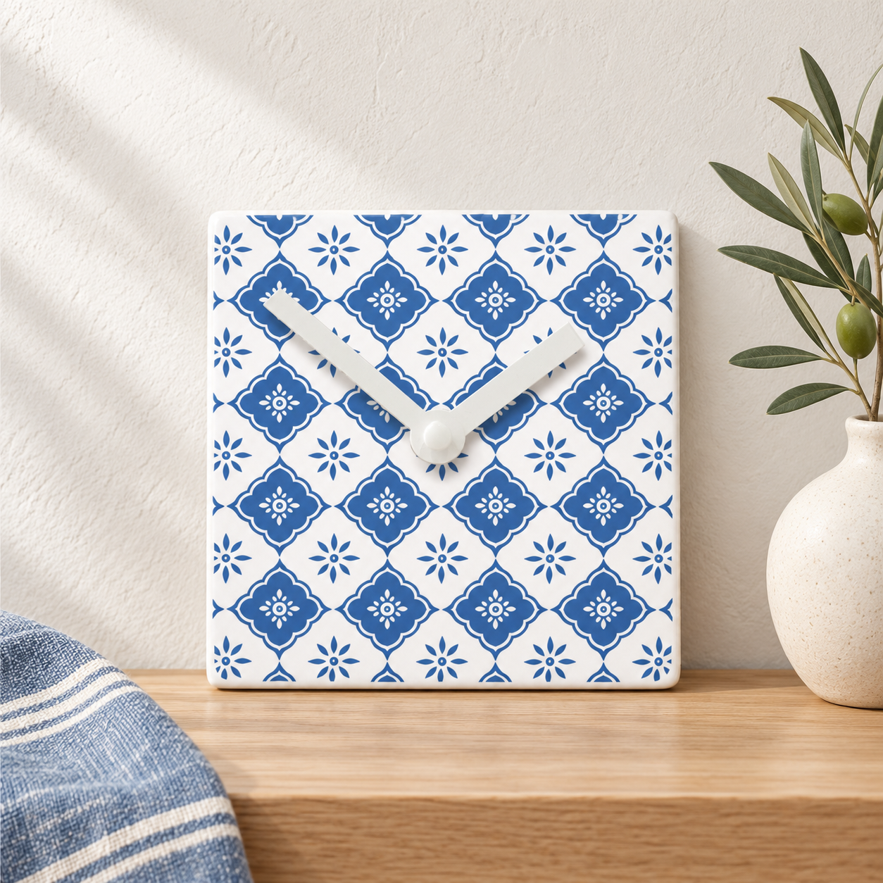 Blue Geometric Ceramic Clock - Battery Operated Wall Clock