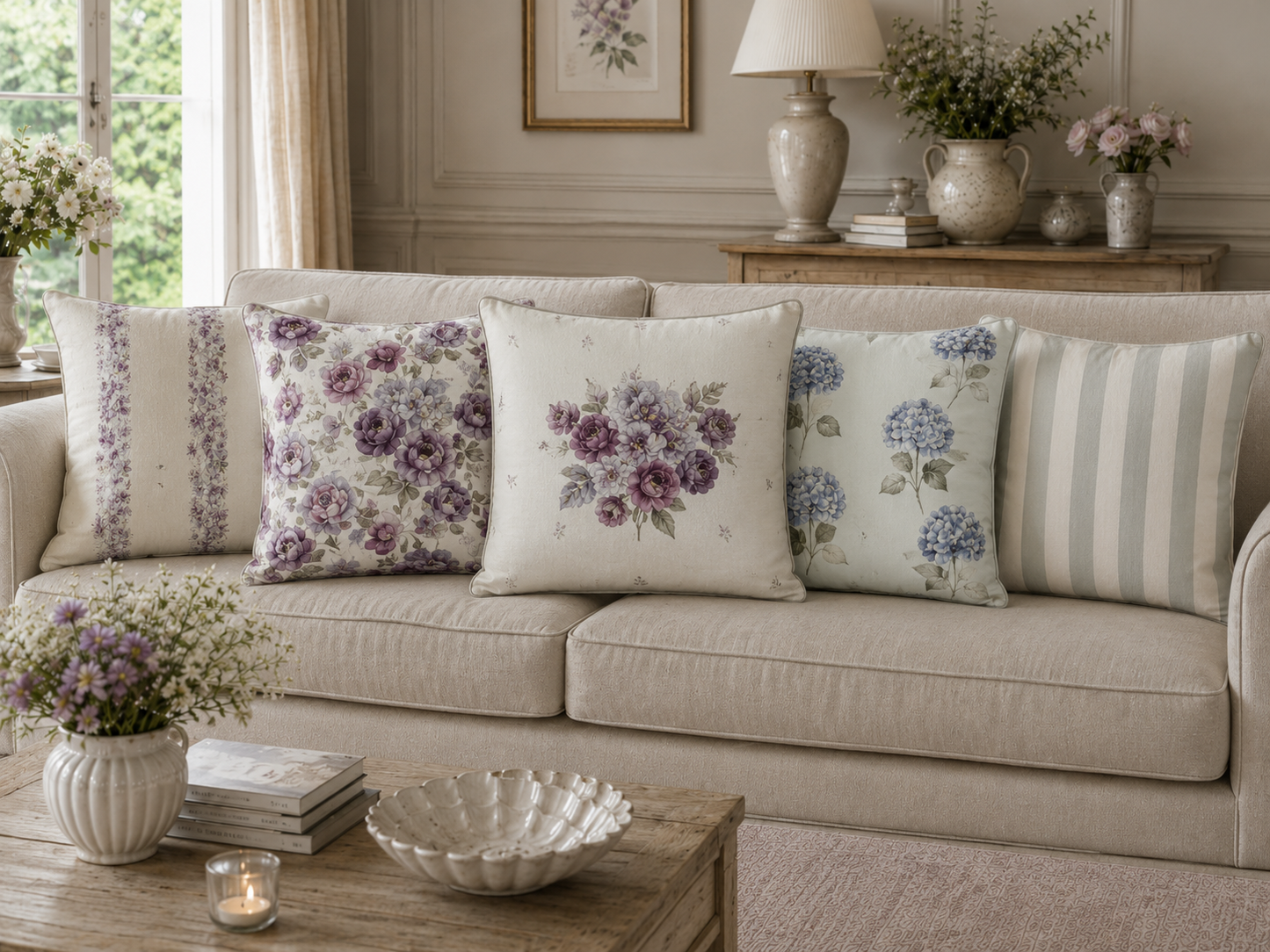 Cushion Cover - Peonies in Plum & Stripe