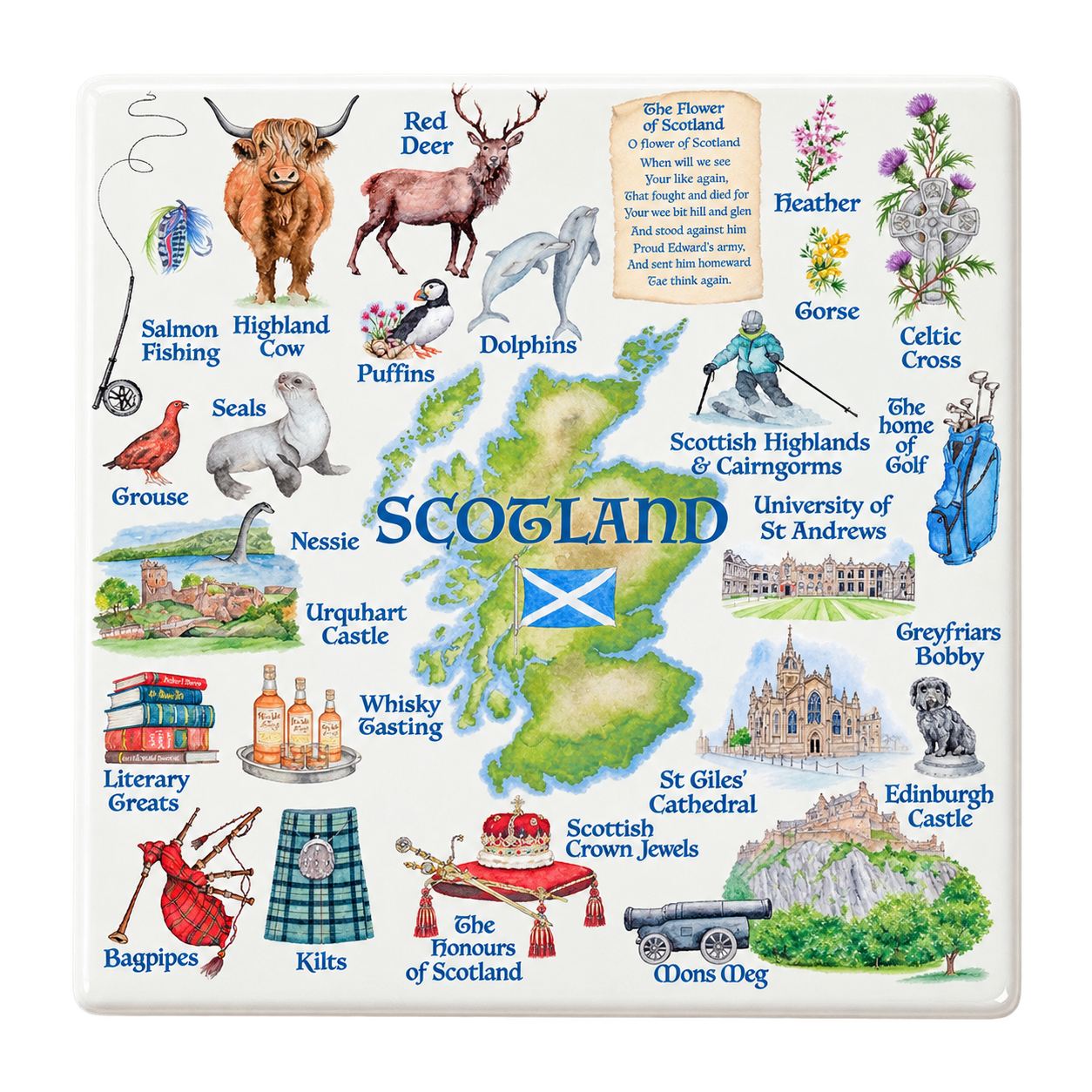 Ceramic Coaster – Scotland Map - Themed Drinks Coaster - Scottish Gift