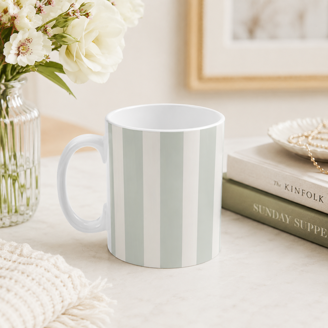 Ceramic Mug - Sage Green and Ivory Stripe
