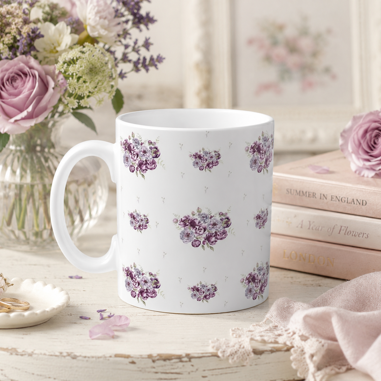 Ceramic Mug - Watercolour Peonies on Lilac Grey