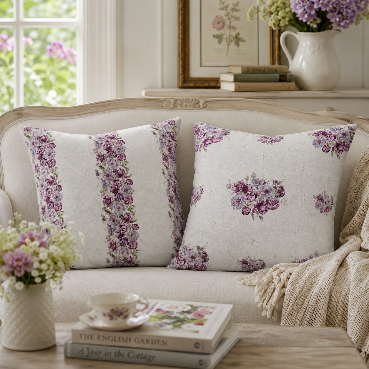 Cushion - Watercolour Peonies in Plum & Stripe