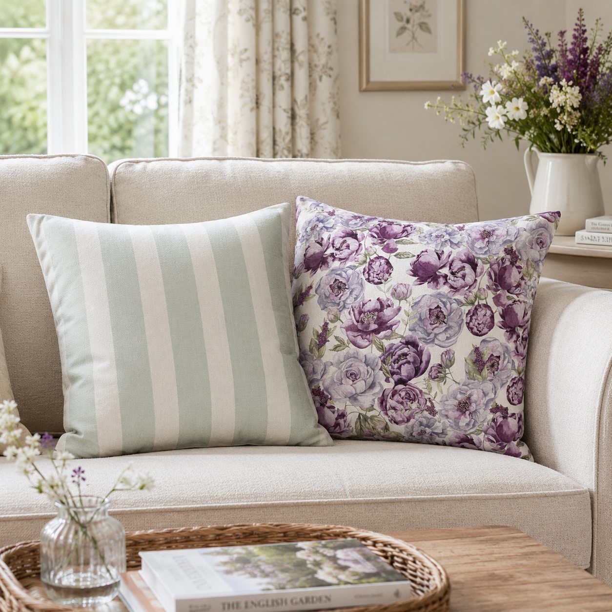 Cushion Cover - Watercolour Peonies in Plum & Sage Green Stripe - Dual Designer Cushions