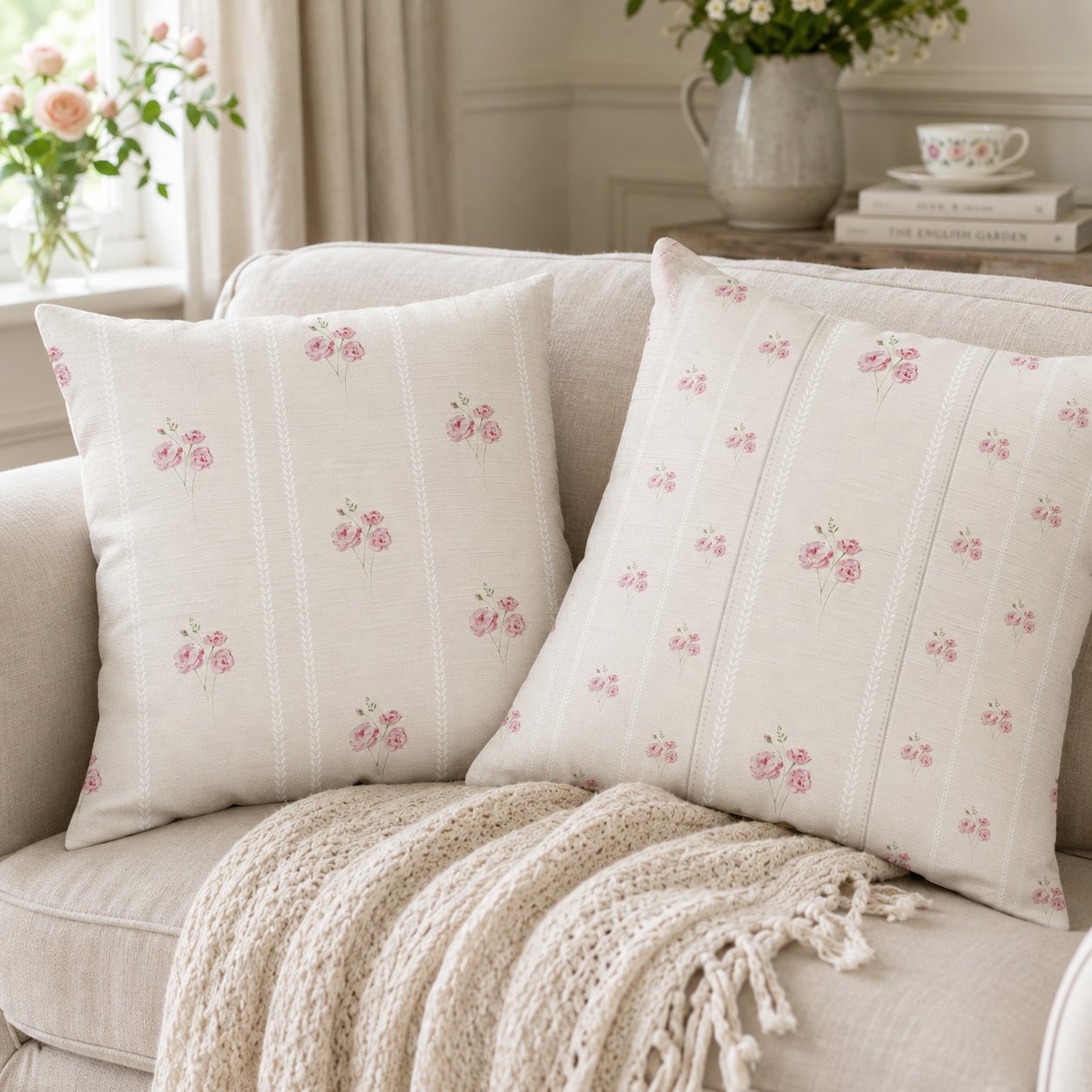 Cushion - Watercolour Rose Ticking Stripe - Panel Pillow