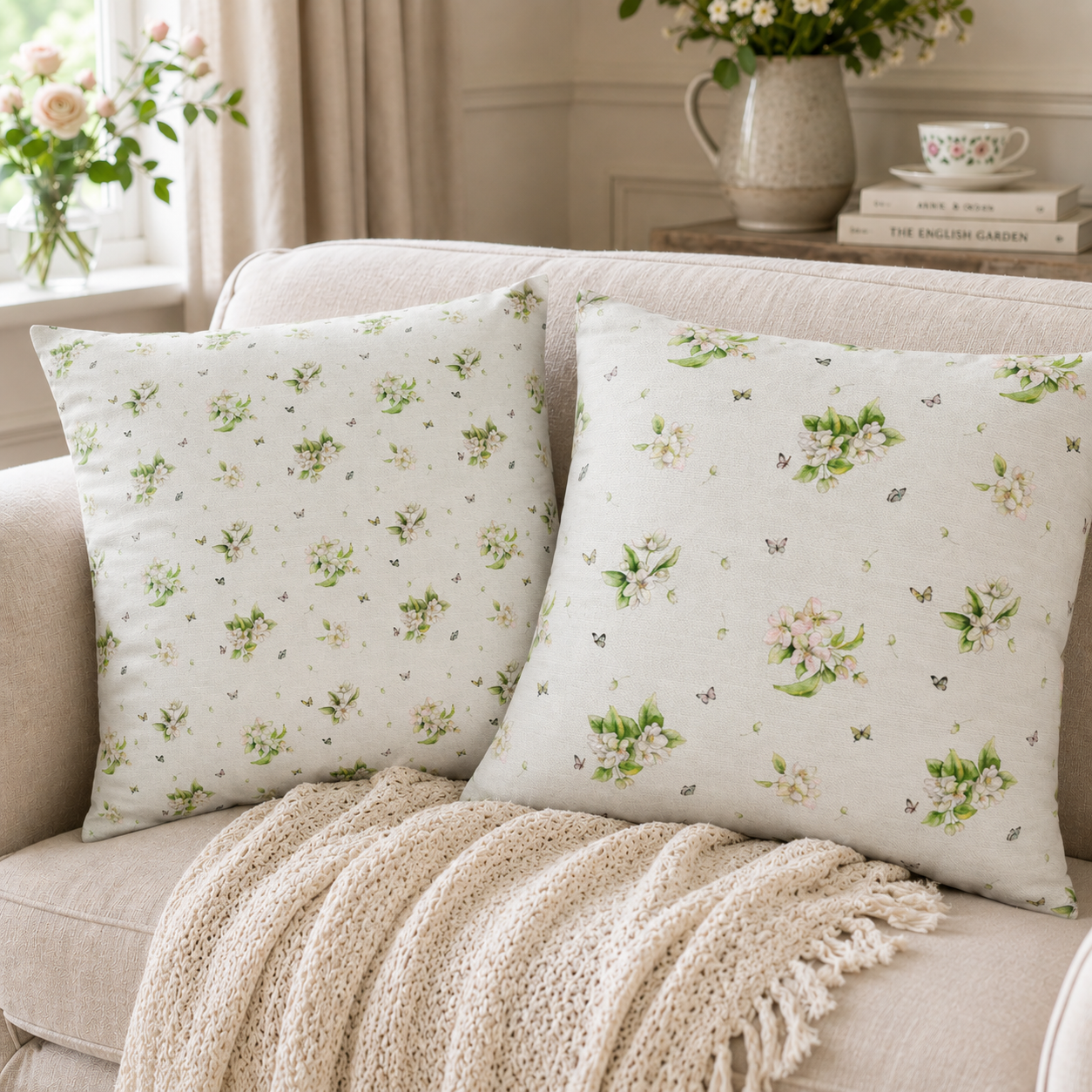 Cushion Cover - Watercolour Apple Blossom & Butterflies - Dual Designer Cushion