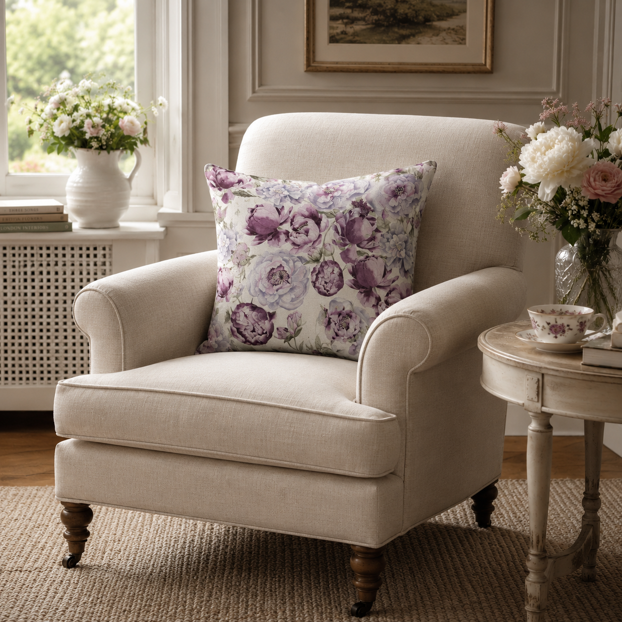 Cushion - Watercolour Peonies in Plum & Ivory