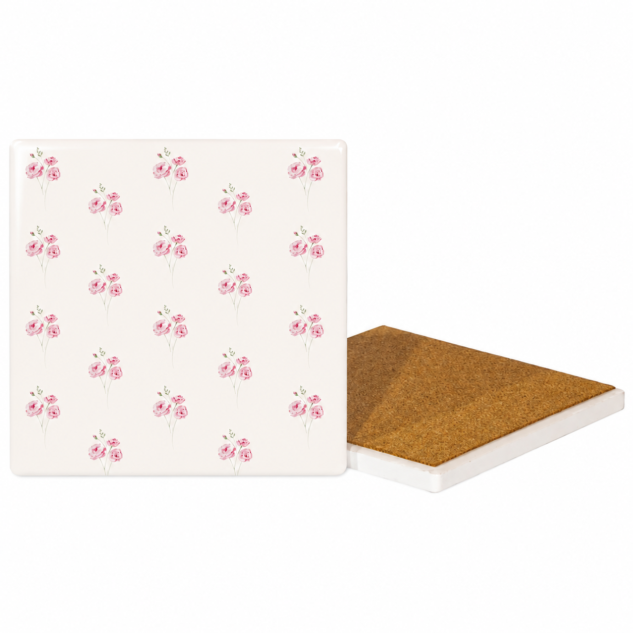 Pink Rose Ceramic Coasters – Ribbon-Tied Set of Four