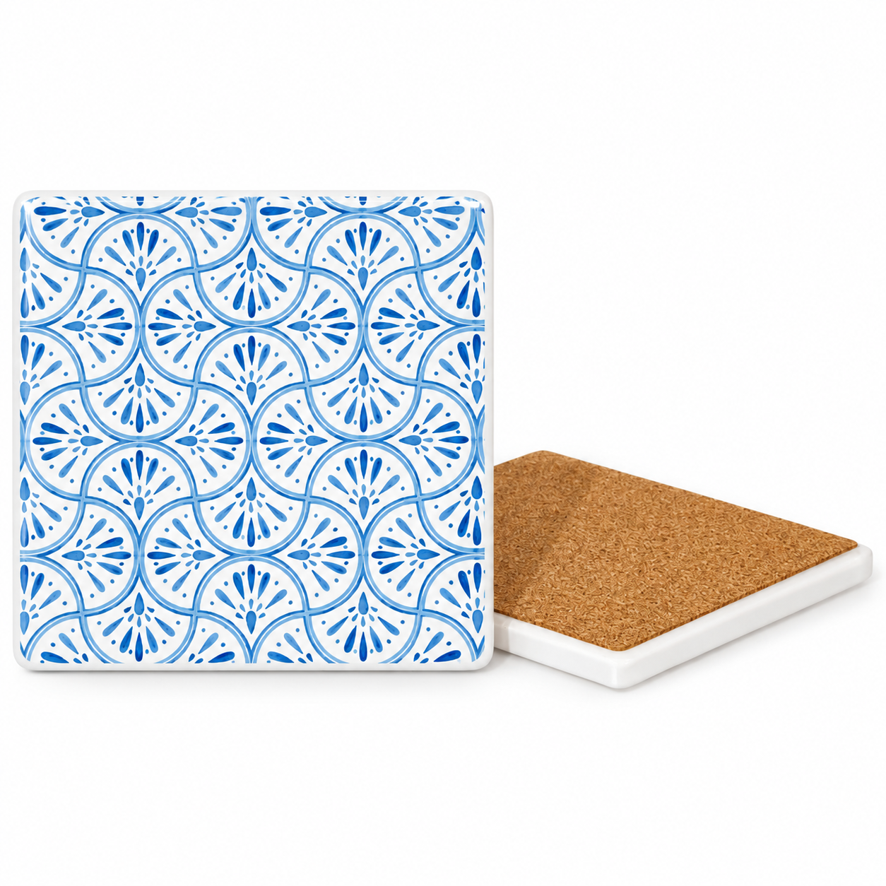 Blue Geometric Pattern Ceramic Coasters – Ribbon-Tied Set of Four