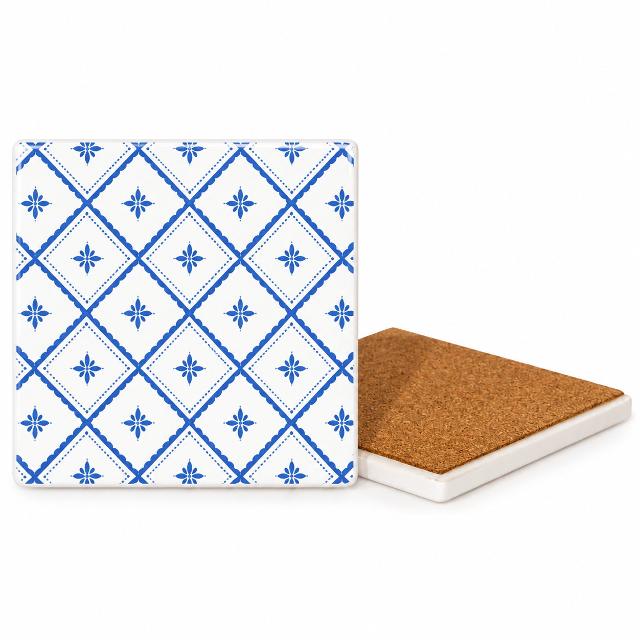Blue Geometric Pattern Ceramic Coasters – Ribbon-Tied Set of Four