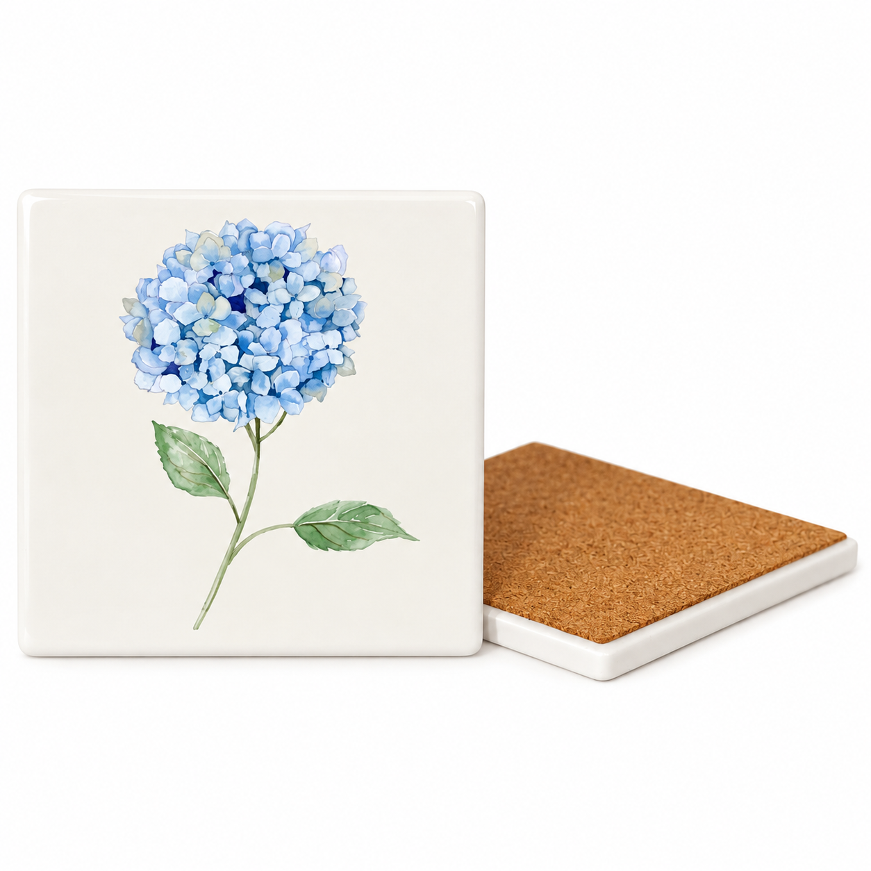 Blue Hydrangea Ceramic Coasters - Ribbon-Tied Set of Four