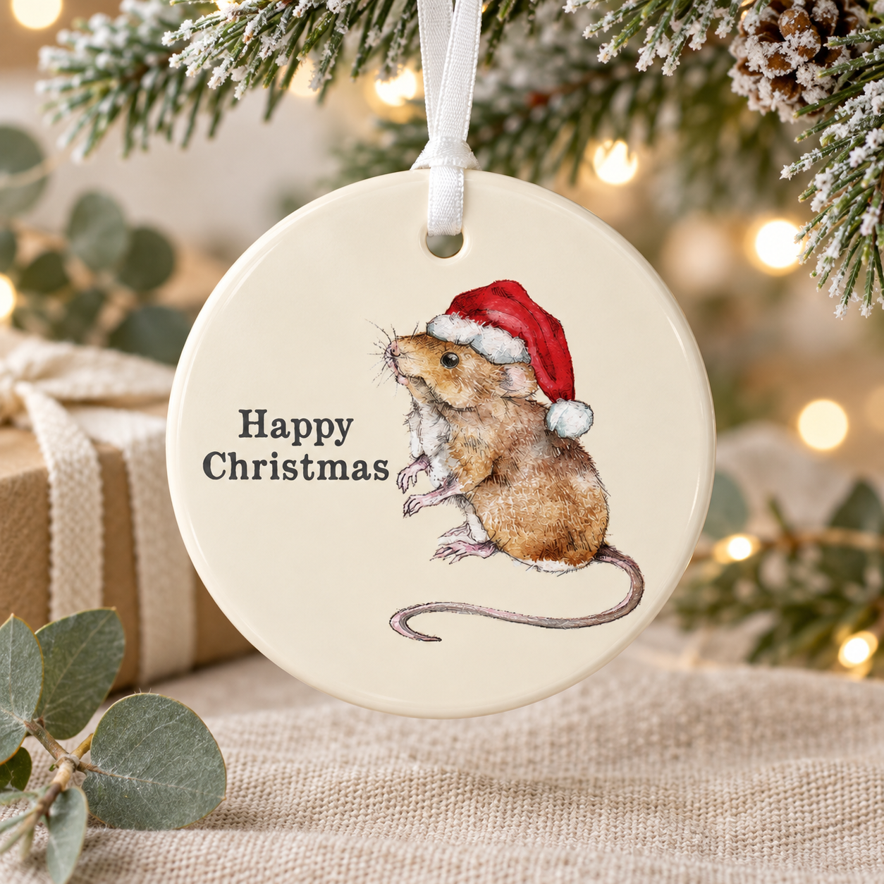 Hanging Ceramic Christmas Tree Decoration - Festive Holiday Ornament - Mouse Christmas Tree Decoration - Keepsake  Gift