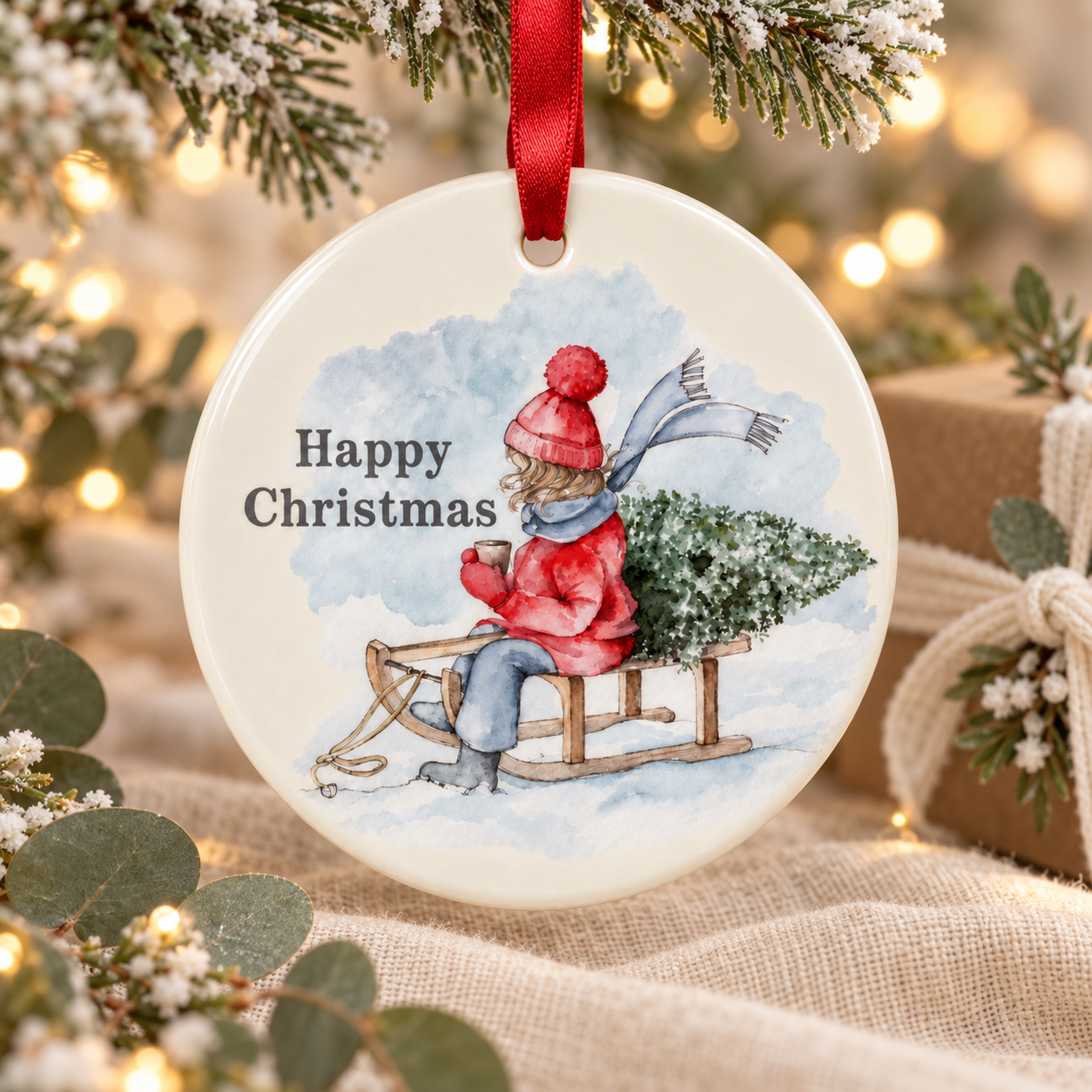 Hanging Ceramic Christmas Tree Decoration - Festive Holiday Ornament - Christmas Sledge - Keepsake Gift