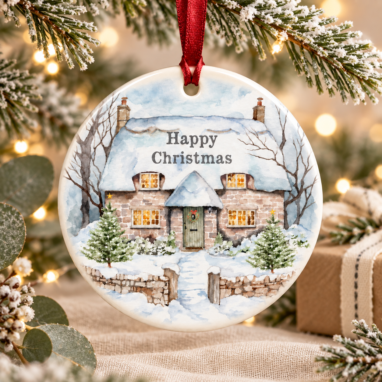 Hanging Ceramic Christmas Tree Decoration - Festive Holiday Ornament - Christmas Cottage - Keepsake Gift