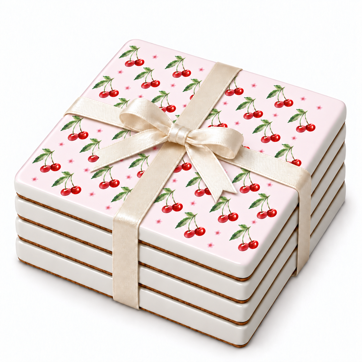 Watercolour Fruit Ceramic Coasters - Ribbon-Tied Set of Four