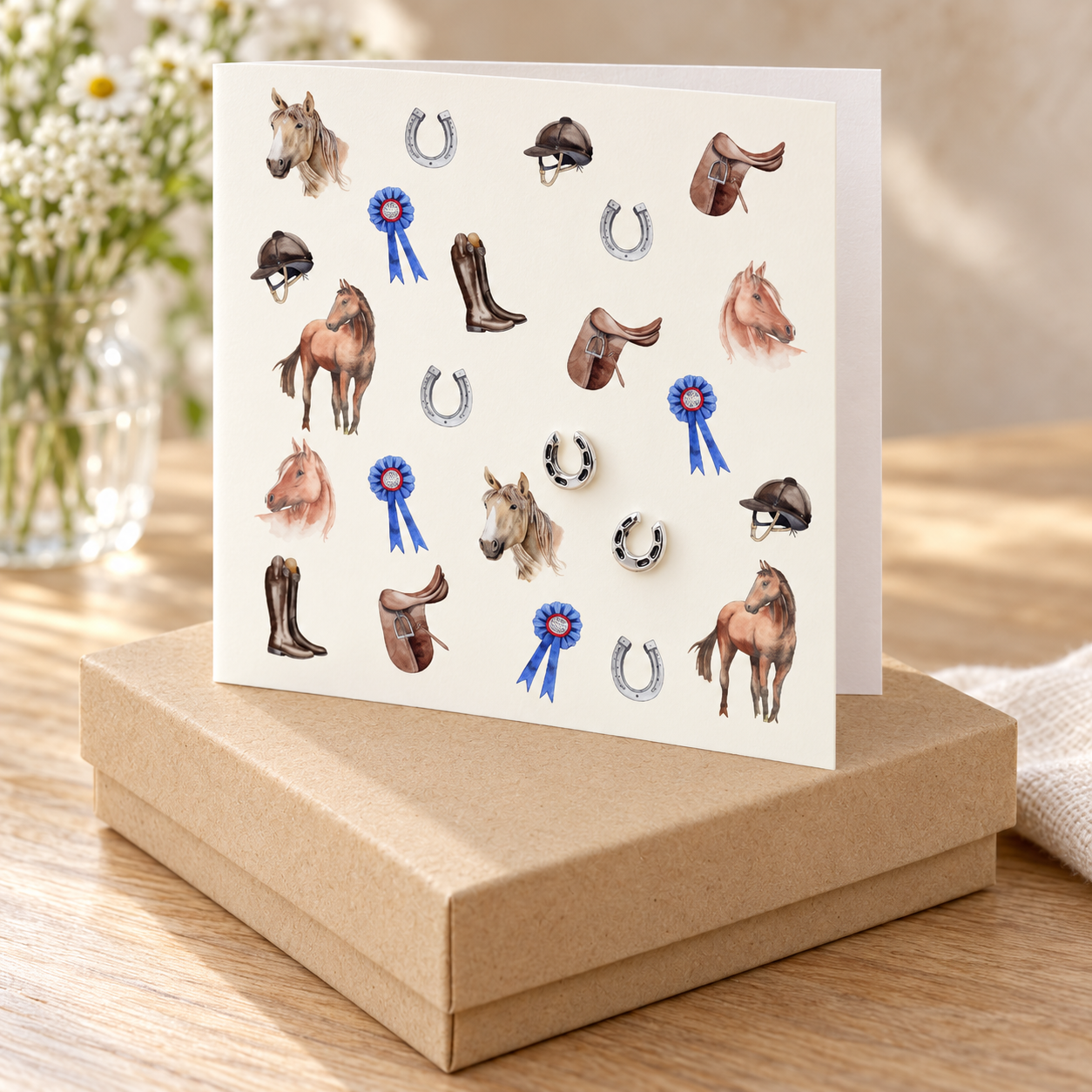Tarjeta de pendiente de caballo en caja