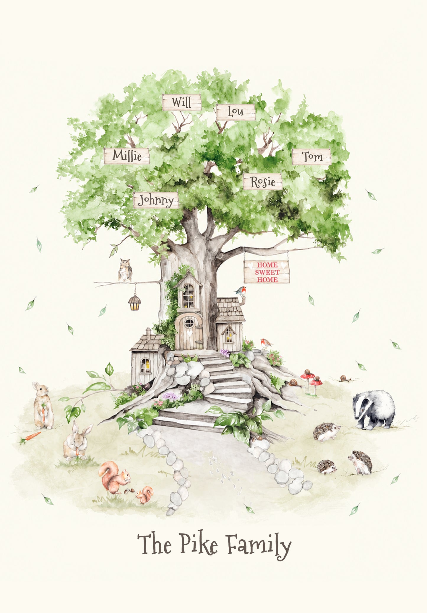 Personalised Woodland Family Tree Print - A4 Unframed