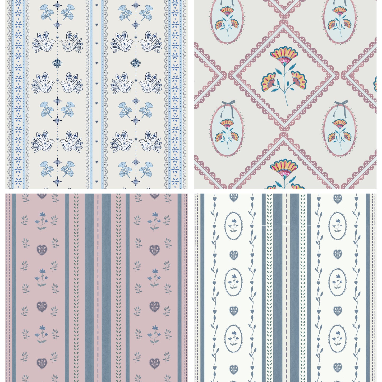 Folk-inspired card and gift wrap designs with floral and heart motifs in pastel colors