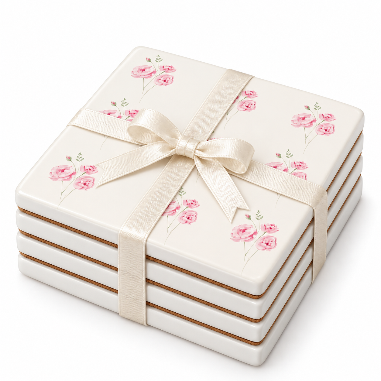 Pink Rose Ceramic Coasters – Ribbon-Tied Set of Four