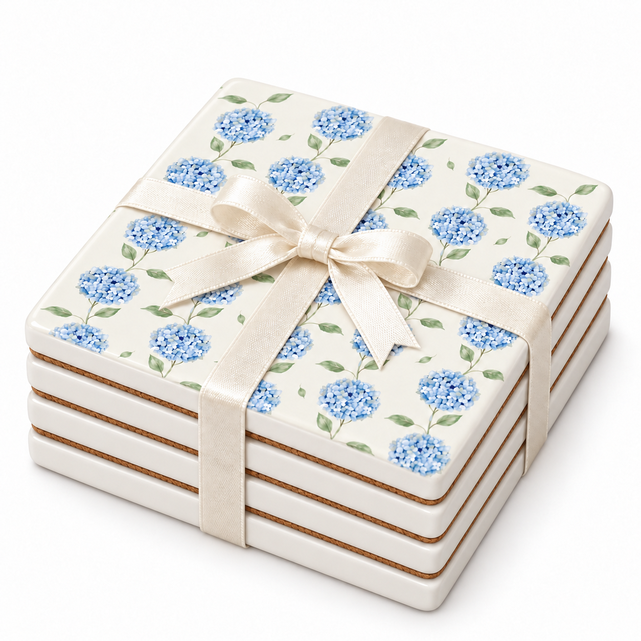 Blue Hydrangea Ceramic Coasters - Ribbon-Tied Set of Four