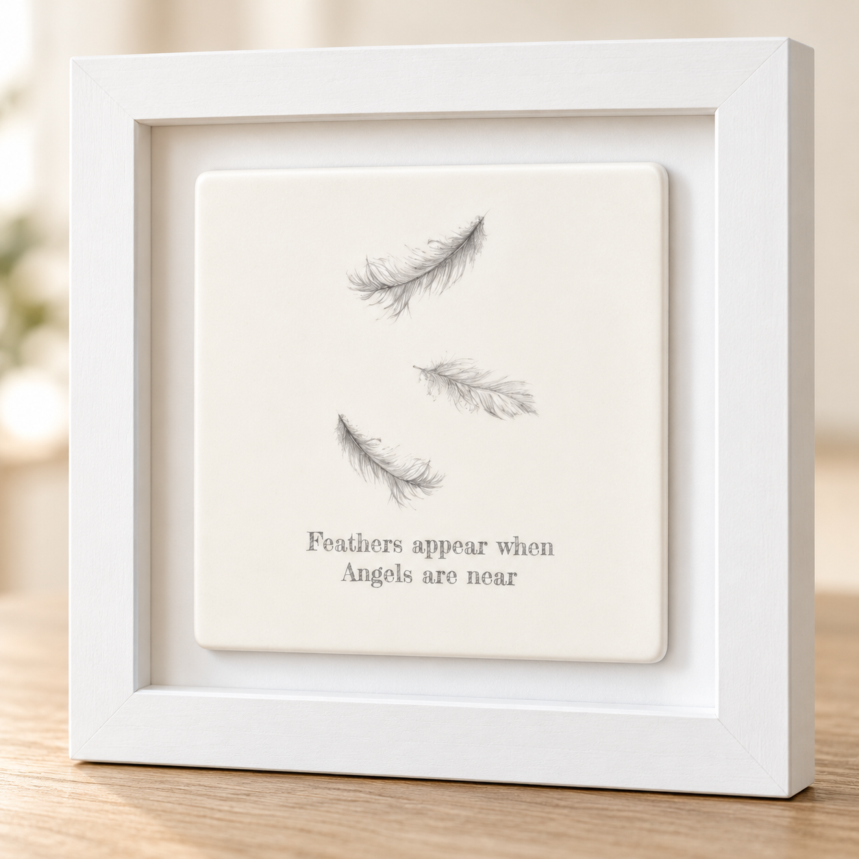Ceramic Framed Tile – Feathers Appear Print With Wooden Frame | Small Wall Art Remembrance Gift