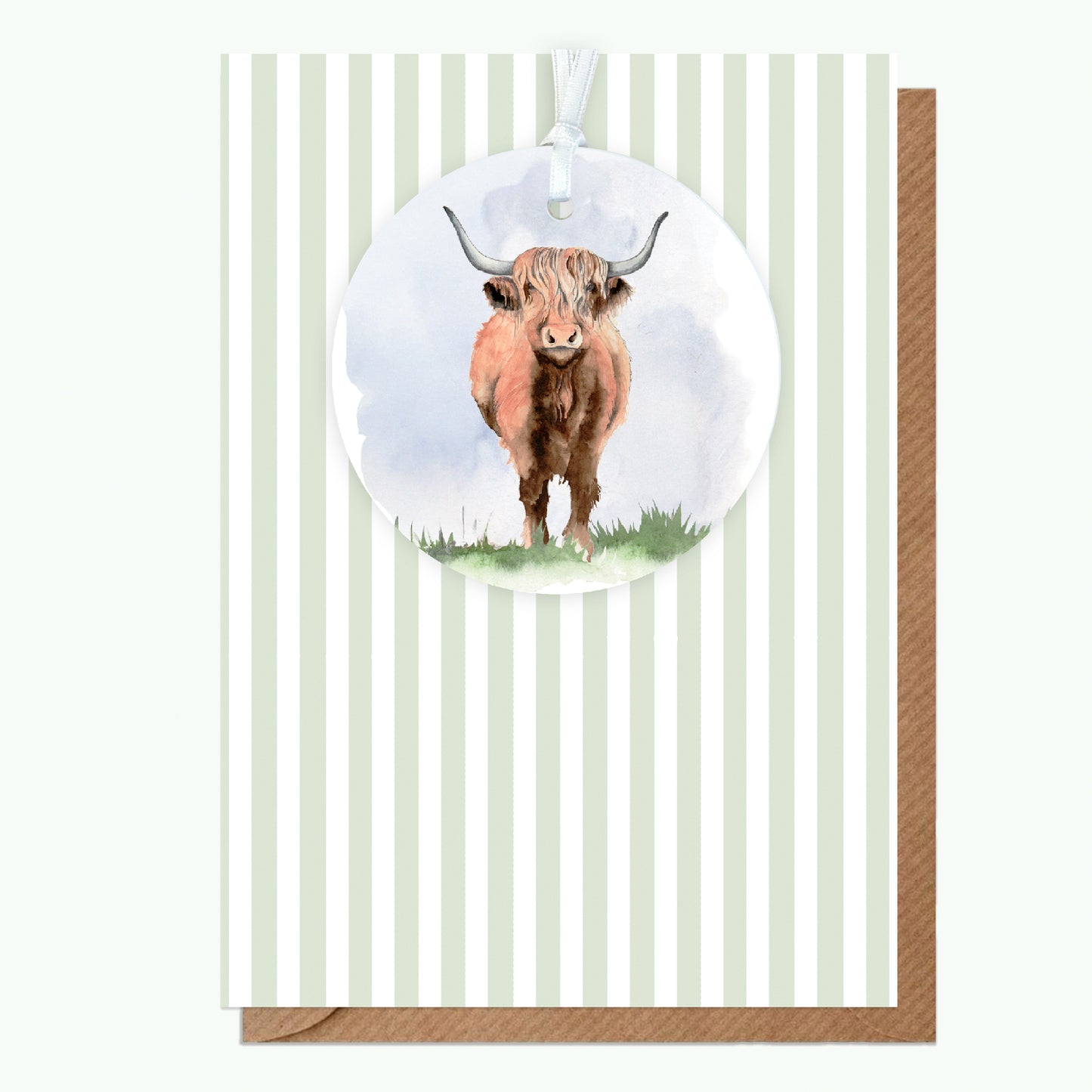 Greeting card with illustrated highland cow ornament on green striped background