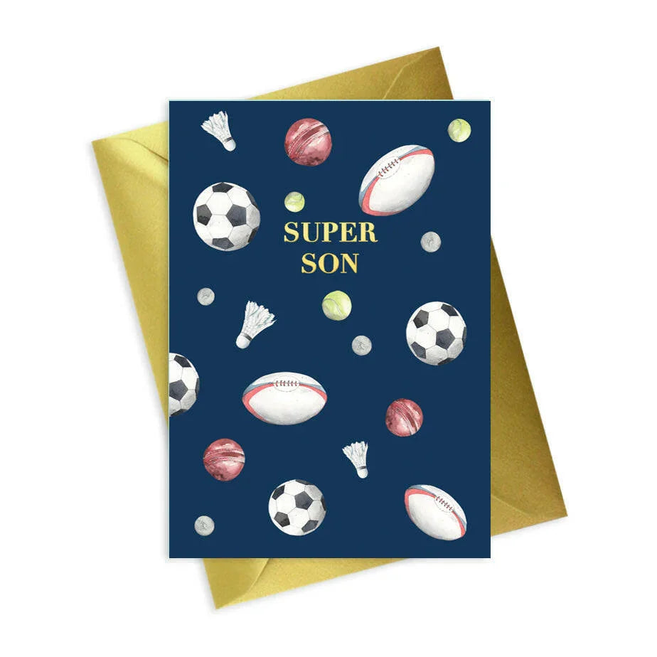 Navy Mens A6 Foiled Greeting Card - Multi Sport Super Son - Crumble and Core