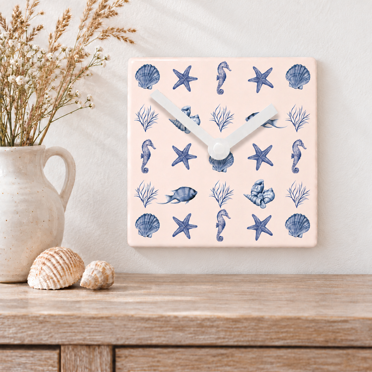 Inky Blue Ceramic Seaside Clock - Battery Operated Wall Clock