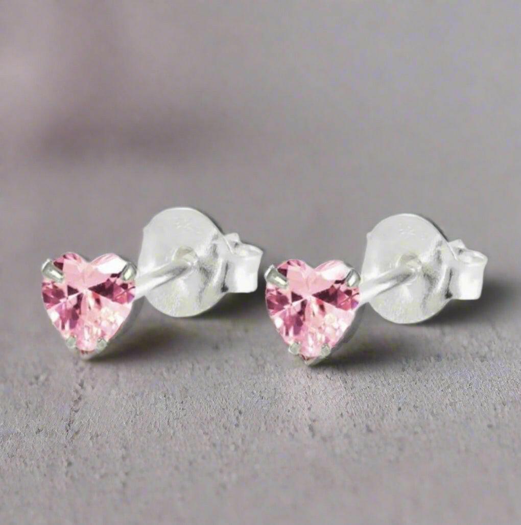 Silver Pink Crystal Heart Stud Earrings - Elegant Pretty Jewellery - Crumble and Core