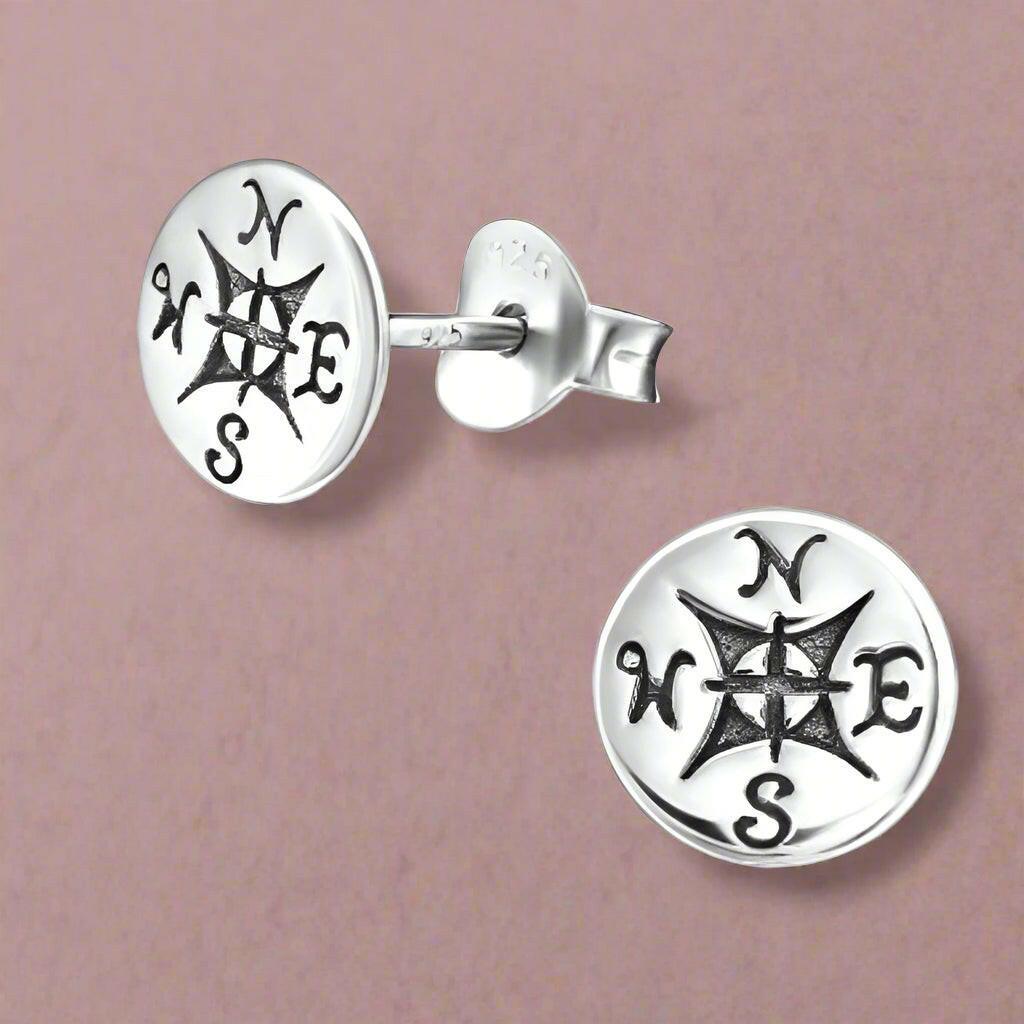 Compass Silver Stud Earrings - Stylish Nautical Jewellery - Ideal Travelling Gift - Crumble and Core