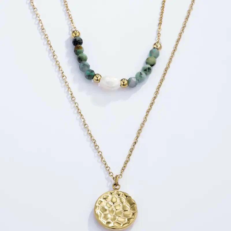 Gold Hammered and Beaded Double Chain Necklace
