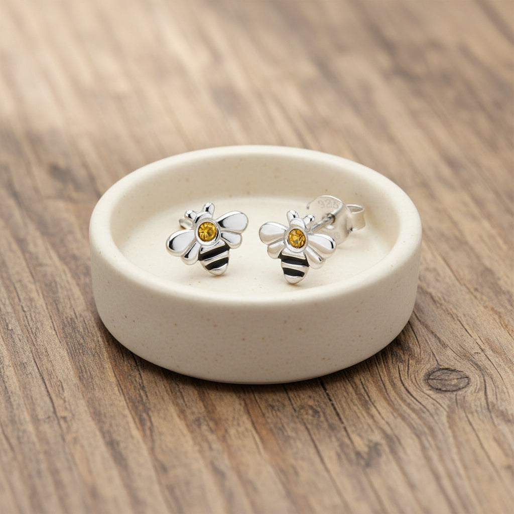 Sterling Silver Bee Earrings – Hand Finished Silver Studs | Gift Boxed Welsh Culture