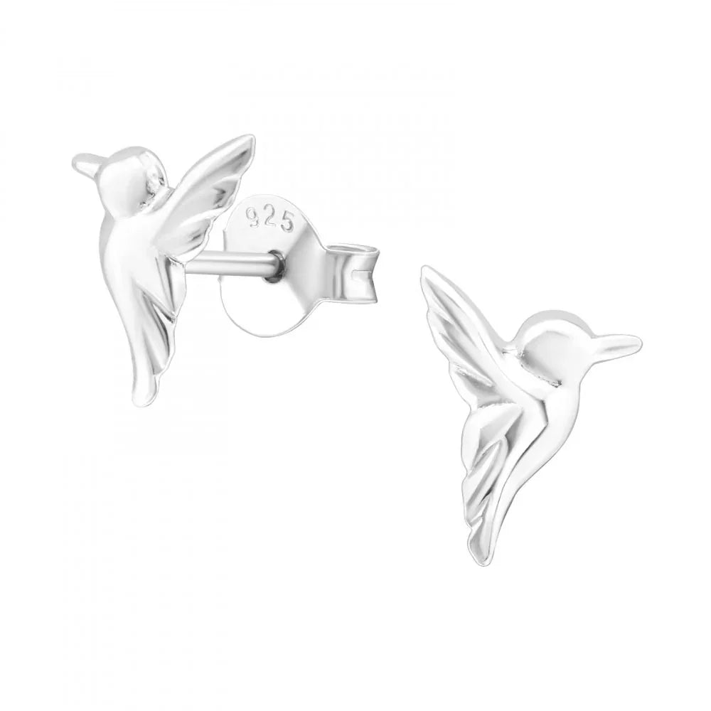 Sterling silver hummingbird stud earrings with butterfly backs on white background